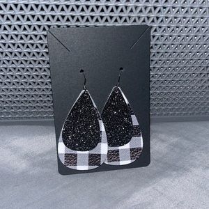 Black Sparkles and Black & White Plaid Dangly Earrings